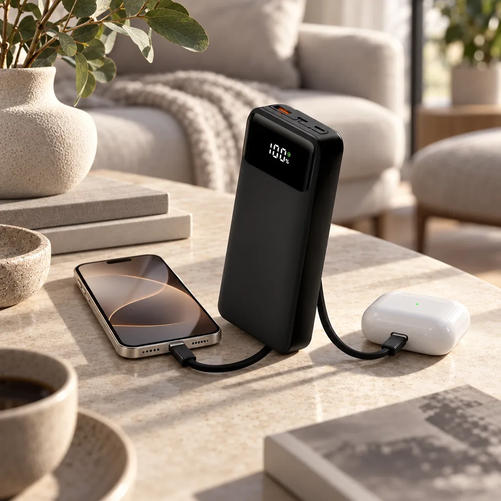 Powerbank 10.000mAh med inbyggda kablar